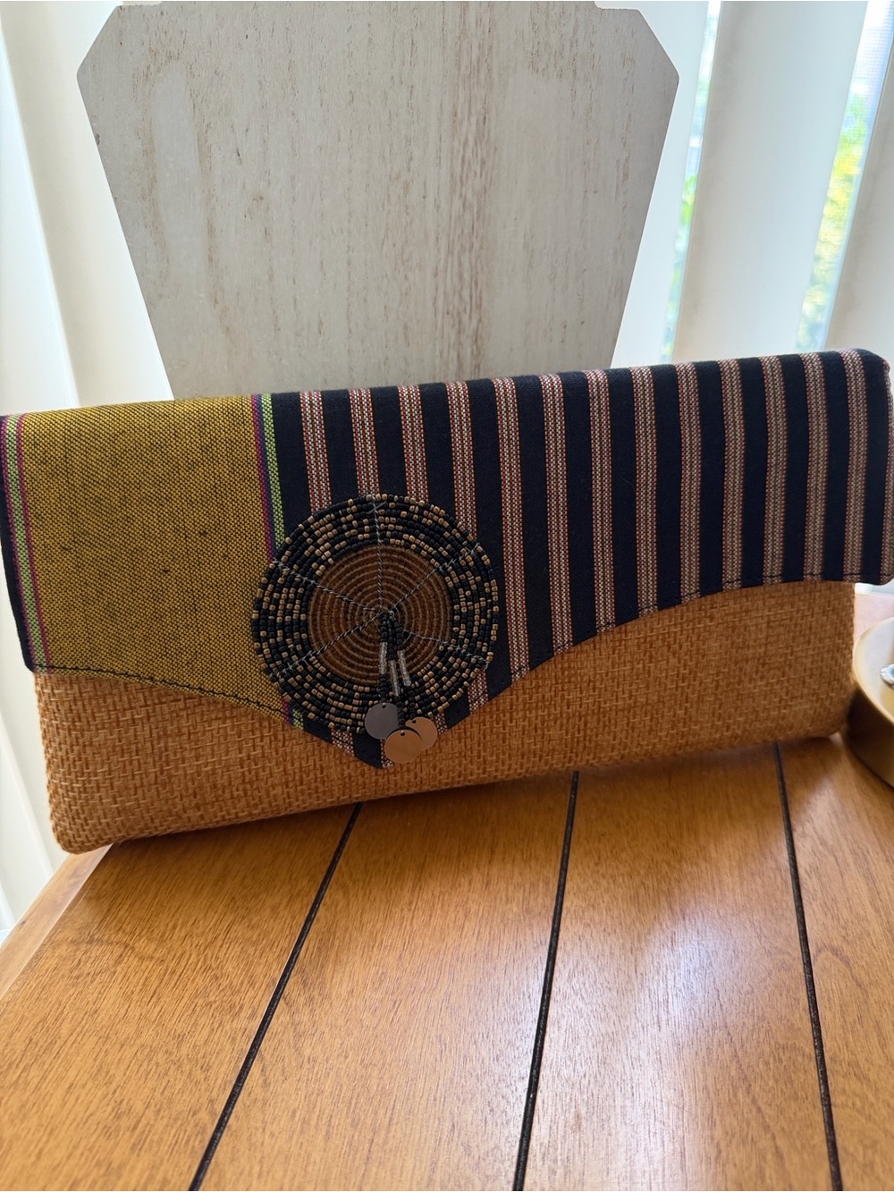 Beaded Straw Clutch with Striped Fabric Accent Maasai inspired purse